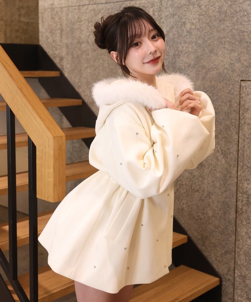 セール】ビジュー付き女の子コート（ノーカラーコート）｜one after