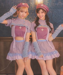 Tika(ティカ)のコスプレ かわいい 制服 ナース 体型カバー フリル フレアスカート へそ出し セットアップ  6点セット ハロウィン(コスチューム/パーティーグッズ)