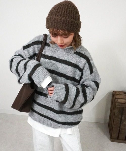 gossara（ゴサラ）の「ボーダールーズニット（ニット/セーター・レディース・グレー/チャコールグレー/アイボリー・FREE）」の14枚目の写真