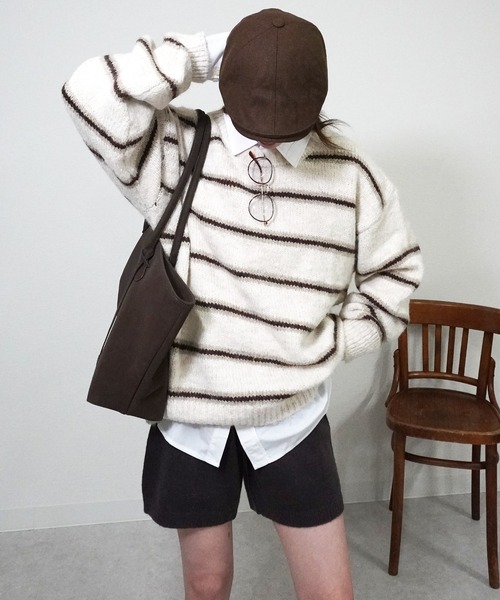 gossara（ゴサラ）の「ボーダールーズニット（ニット/セーター・レディース・グレー/チャコールグレー/アイボリー・FREE）」の4枚目の写真