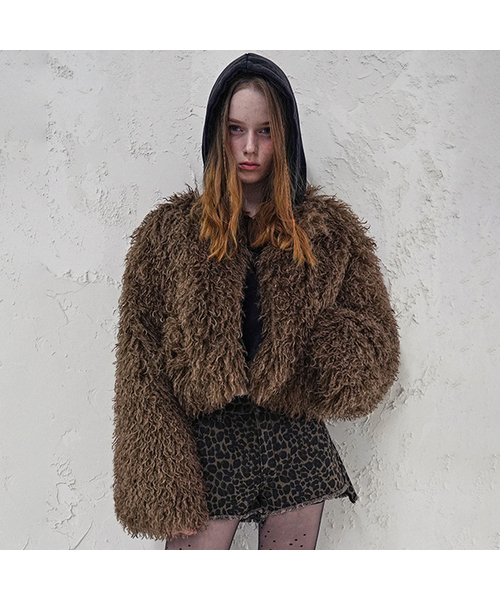 Crop Teddy Fur Jacket BROWN