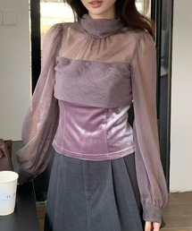 異素材 ドッキング 長袖 シアー トップス