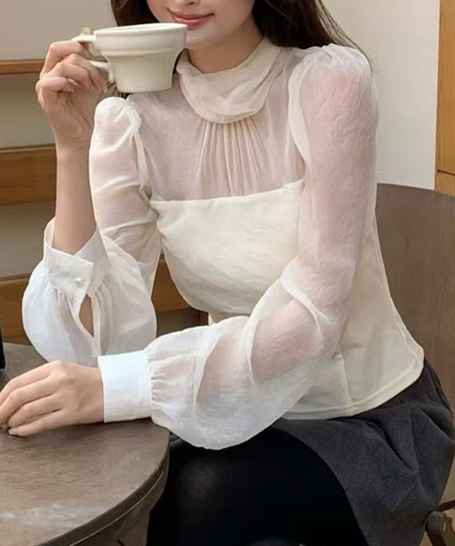 Lace Ladies（レースレディース）の「異素材 ドッキング 長袖 シアー トップス（その他トップス・レディース・ブラック/アイボリー/パープル・FREE）」の2枚目の写真