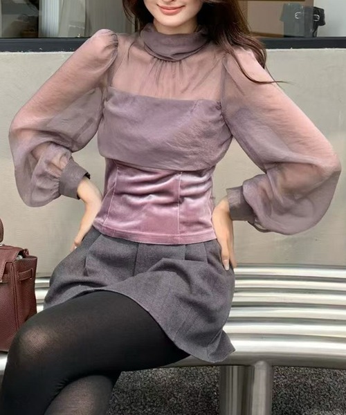 Lace Ladies（レースレディース）の「異素材 ドッキング 長袖 シアー トップス（その他トップス・レディース・ブラック/アイボリー/パープル・FREE）」の4枚目の写真