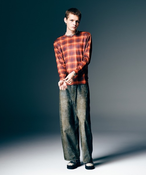 glamb(グラム)の「Tech Mesh Check Cutsew / テックメッシュチェックカットソー(Tシャツ/カットソー・メンズ・パープル/レッド・S/M/L)」の9枚目の写真
