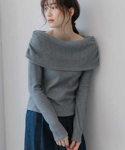 slattgir（スラットジール）の「高身長　リブニットソーオフショルプルオーバー（トールサイズ）Essenave（Tシャツ/カットソー・レディース・ネイビー/杢グレー・TM/TL/TLL/T3L/T4L/T5L）」の2枚目の写真