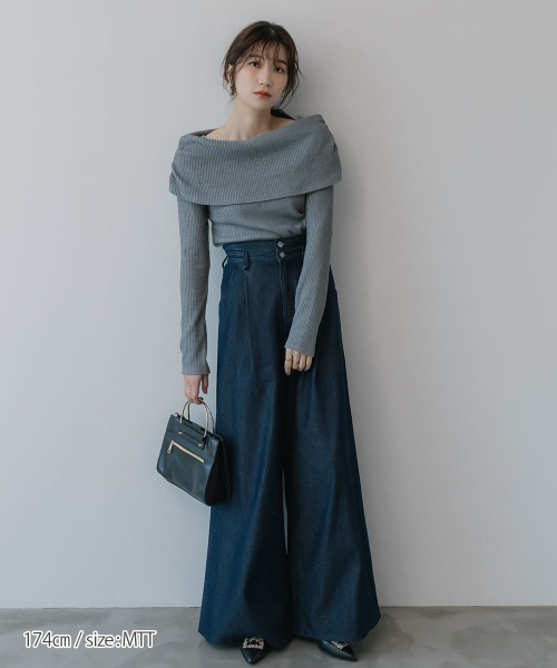 slattgir（スラットジール）の「高身長　リブニットソーオフショルプルオーバー（トールサイズ）Essenave（Tシャツ/カットソー・レディース・ネイビー/杢グレー・TM/TL/TLL/T3L/T4L/T5L）」の3枚目の写真