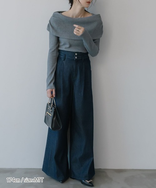 slattgir（スラットジール）の「高身長　リブニットソーオフショルプルオーバー（トールサイズ）Essenave（Tシャツ/カットソー・レディース・ネイビー/杢グレー・TM/TL/TLL/T3L/T4L/T5L）」の4枚目の写真