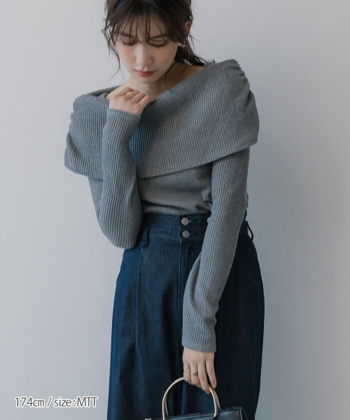 slattgir（スラットジール）の「高身長　リブニットソーオフショルプルオーバー（トールサイズ）Essenave（Tシャツ/カットソー・レディース・ネイビー/杢グレー・TM/TL/TLL/T3L/T4L/T5L）」の6枚目の写真
