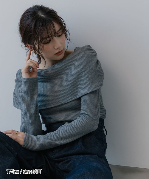 slattgir（スラットジール）の「高身長　リブニットソーオフショルプルオーバー（トールサイズ）Essenave（Tシャツ/カットソー・レディース・ネイビー/杢グレー・TM/TL/TLL/T3L/T4L/T5L）」の7枚目の写真