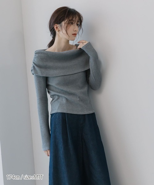 slattgir（スラットジール）の「高身長　リブニットソーオフショルプルオーバー（トールサイズ）Essenave（Tシャツ/カットソー・レディース・ネイビー/杢グレー・TM/TL/TLL/T3L/T4L/T5L）」の8枚目の写真
