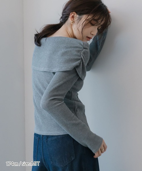 slattgir（スラットジール）の「高身長　リブニットソーオフショルプルオーバー（トールサイズ）Essenave（Tシャツ/カットソー・レディース・ネイビー/杢グレー・TM/TL/TLL/T3L/T4L/T5L）」の9枚目の写真