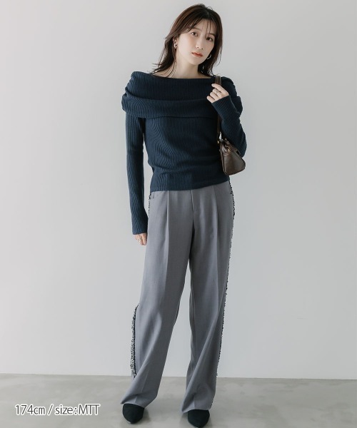 slattgir（スラットジール）の「高身長　リブニットソーオフショルプルオーバー（トールサイズ）Essenave（Tシャツ/カットソー・レディース・ネイビー/杢グレー・TM/TL/TLL/T3L/T4L/T5L）」の10枚目の写真