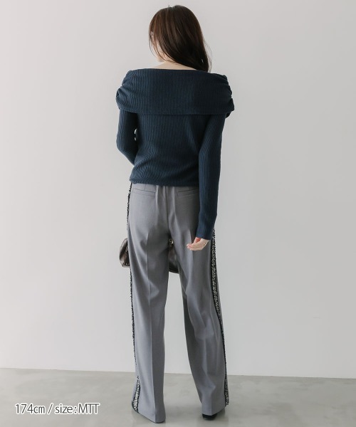 slattgir（スラットジール）の「高身長　リブニットソーオフショルプルオーバー（トールサイズ）Essenave（Tシャツ/カットソー・レディース・ネイビー/杢グレー・TM/TL/TLL/T3L/T4L/T5L）」の12枚目の写真