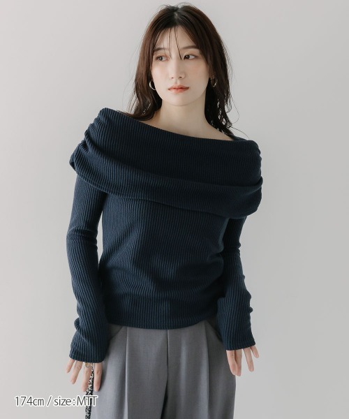 slattgir（スラットジール）の「高身長　リブニットソーオフショルプルオーバー（トールサイズ）Essenave（Tシャツ/カットソー・レディース・ネイビー/杢グレー・TM/TL/TLL/T3L/T4L/T5L）」の13枚目の写真