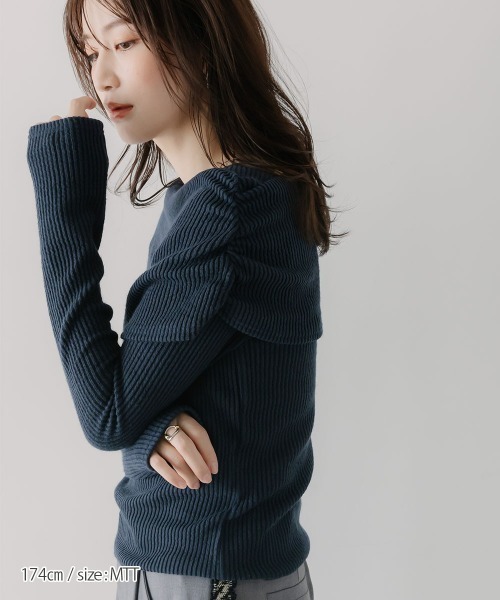 slattgir（スラットジール）の「高身長　リブニットソーオフショルプルオーバー（トールサイズ）Essenave（Tシャツ/カットソー・レディース・ネイビー/杢グレー・TM/TL/TLL/T3L/T4L/T5L）」の14枚目の写真