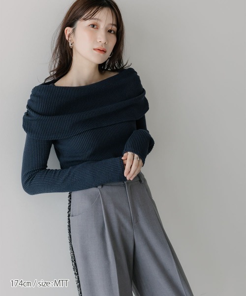 slattgir（スラットジール）の「高身長　リブニットソーオフショルプルオーバー（トールサイズ）Essenave（Tシャツ/カットソー・レディース・ネイビー/杢グレー・TM/TL/TLL/T3L/T4L/T5L）」の15枚目の写真