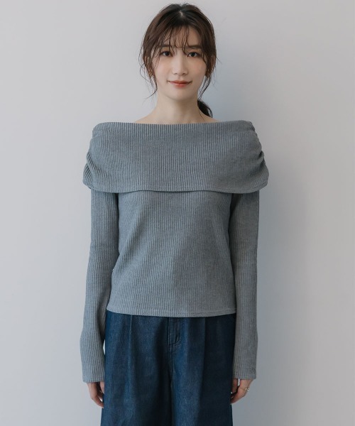 slattgir（スラットジール）の「高身長　リブニットソーオフショルプルオーバー（トールサイズ）Essenave（Tシャツ/カットソー・レディース・ネイビー/杢グレー・TM/TL/TLL/T3L/T4L/T5L）」の16枚目の写真