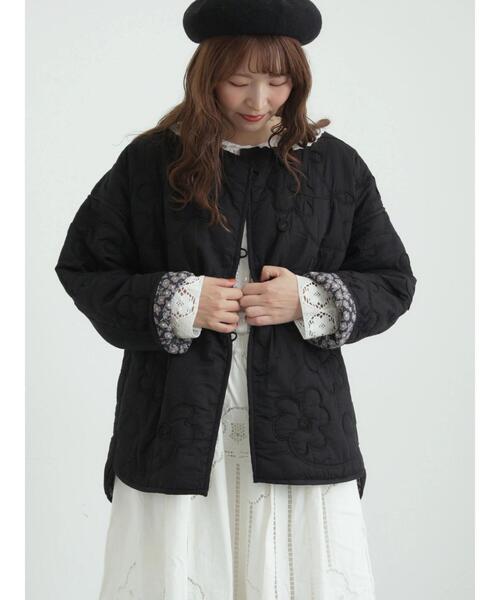 セール】コード刺繍フラワー柄裏地キルトジャケット（ノーカラー