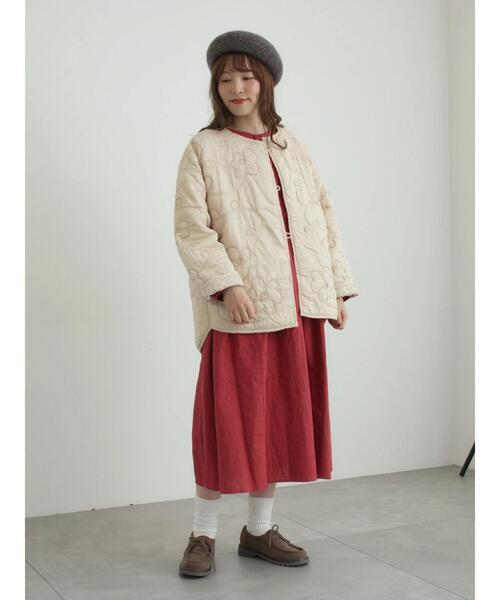 コード刺繍フラワー柄裏地キルトジャケット　ツハルジャケット セール】コード刺繍フラワー柄裏地キルトジャケット（ノーカラー