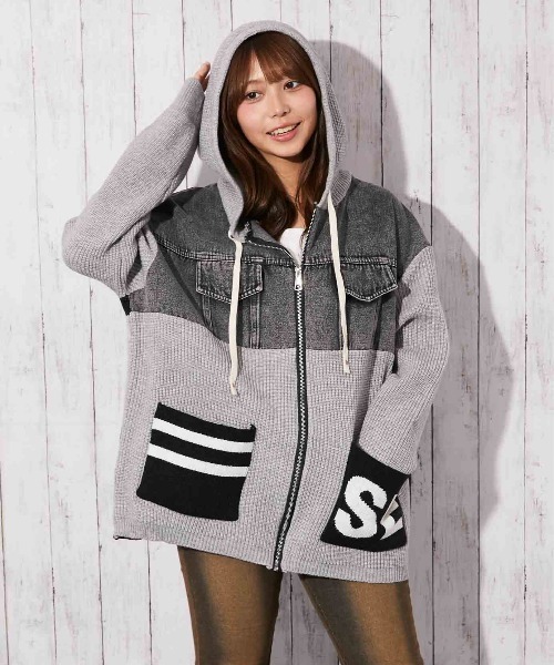 GORGE(ゴージ)の「《デニム切替×ロゴポケット》レディース ニットドッキング ジップパーカー ミドル丈 秋冬(デニムジャケット・レディース・グレー/アイボリー/ブラック・F)」の3枚目の写真