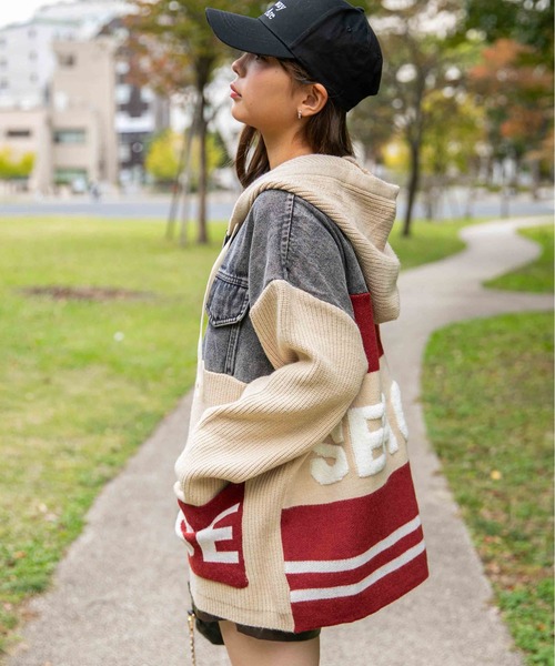 GORGE(ゴージ)の「《デニム切替×ロゴポケット》レディース ニットドッキング ジップパーカー ミドル丈 秋冬(デニムジャケット・レディース・グレー/アイボリー/ブラック・F)」の5枚目の写真