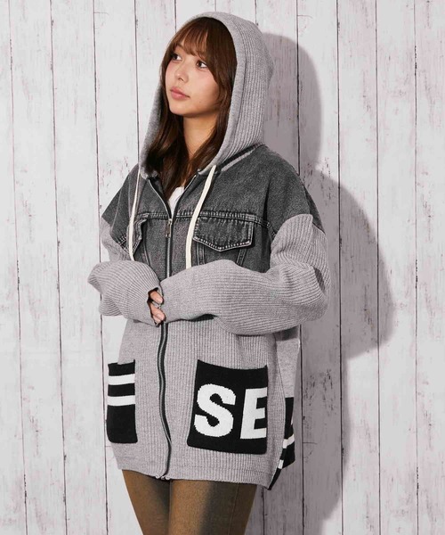 セール】《デニム切替×ロゴポケット》レディース ニットドッキング