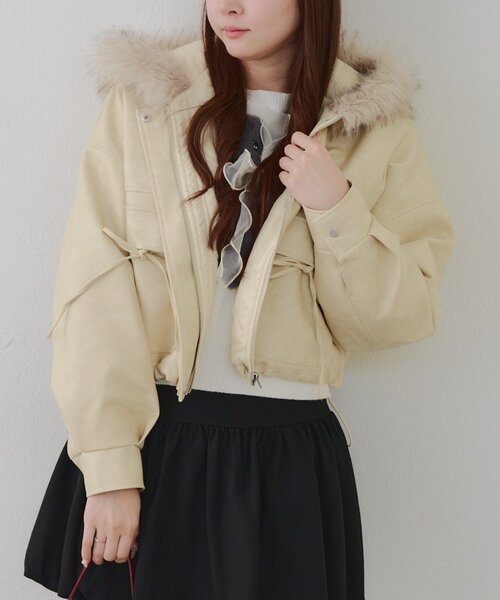 Another Branch olive des olive（アナザーブランチオリーブデオリーブ）の「フードファーリボンブルゾン（ブルゾン・レディース・チャコールグレー/アイボリー/ブラウン・FREE）」の6枚目の写真