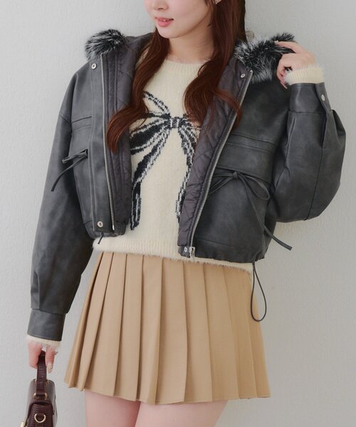 Another Branch olive des olive（アナザーブランチオリーブデオリーブ）の「フードファーリボンブルゾン（ブルゾン・レディース・チャコールグレー/アイボリー/ブラウン・FREE）」の11枚目の写真