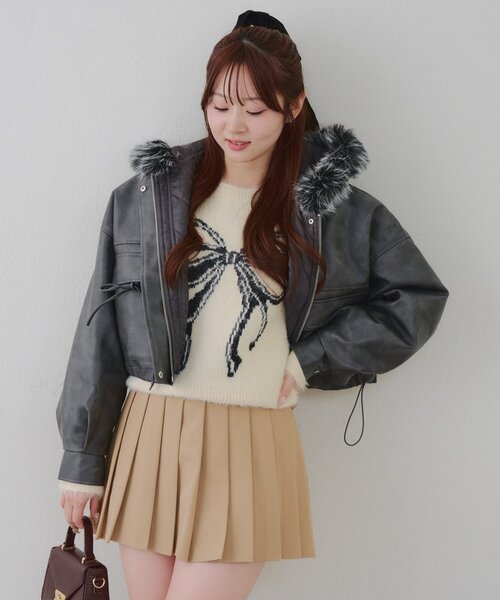 Another Branch olive des olive（アナザーブランチオリーブデオリーブ）の「フードファーリボンブルゾン（ブルゾン・レディース・チャコールグレー/アイボリー/ブラウン・FREE）」の12枚目の写真