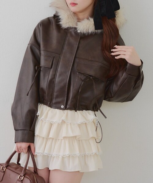 Another Branch olive des olive（アナザーブランチオリーブデオリーブ）の「フードファーリボンブルゾン（ブルゾン・レディース・チャコールグレー/アイボリー/ブラウン・FREE）」の19枚目の写真