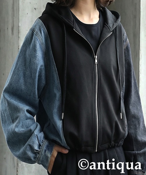 antiqua(アンティカ)の「異素材切替 裏毛×デニム パーカー(パーカー・レディース・ブラック/グレー・ONESIZE)」の2枚目の写真