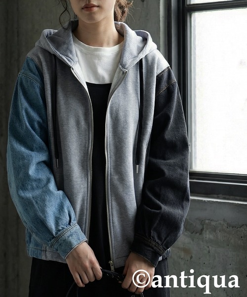 antiqua(アンティカ)の「異素材切替 裏毛×デニム パーカー(パーカー・レディース・ブラック/グレー・ONESIZE)」の21枚目の写真