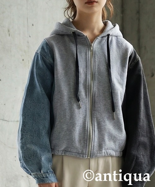 antiqua(アンティカ)の「異素材切替 裏毛×デニム パーカー(パーカー・レディース・ブラック/グレー・ONESIZE)」の14枚目の写真
