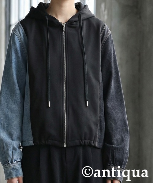 antiqua(アンティカ)の「異素材切替 裏毛×デニム パーカー(パーカー・レディース・ブラック/グレー・ONESIZE)」の19枚目の写真