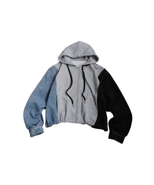 antiqua(アンティカ)の「異素材切替 裏毛×デニム パーカー(パーカー・レディース・ブラック/グレー・ONESIZE)」の6枚目の写真