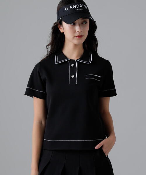 St ANDREWS(セントアンドリュース)の「16Gダブルジャガード半袖ニットポロ (WOMENS)(ニット/セーター・レディース・ブラック/ホワイト・M/S/L)」の2枚目の写真