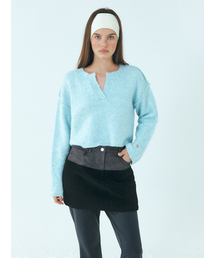 Neck-Slit Knit Pullover, Light Blue