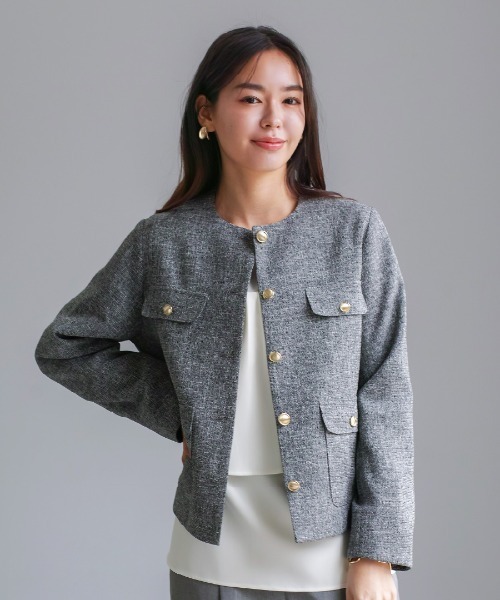 White Collection(ホワイトコレクション)の「【 きちんと華やぐ 】 ミックスカラーツイード・ノーカラージャケット(ノーカラージャケット・レディース・ブラック/グレー/ホワイト・M)」の1枚目の写真