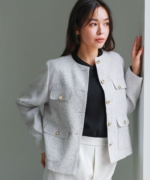 White Collection(ホワイトコレクション)の「【 きちんと華やぐ 】 ミックスカラーツイード・ノーカラージャケット(ノーカラージャケット・レディース・ブラック/グレー/ホワイト・M)」の19枚目の写真