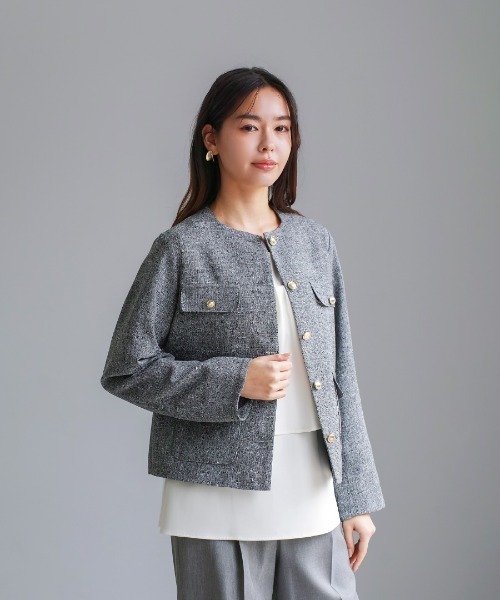White Collection(ホワイトコレクション)の「【 きちんと華やぐ 】 ミックスカラーツイード・ノーカラージャケット(ノーカラージャケット・レディース・ブラック/グレー/ホワイト・M)」の21枚目の写真