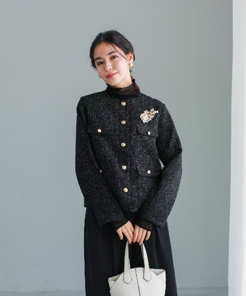 White Collection(ホワイトコレクション)の「【 きちんと華やぐ 】 ミックスカラーツイード・ノーカラージャケット(ノーカラージャケット・レディース・ブラック/グレー/ホワイト・M)」の13枚目の写真