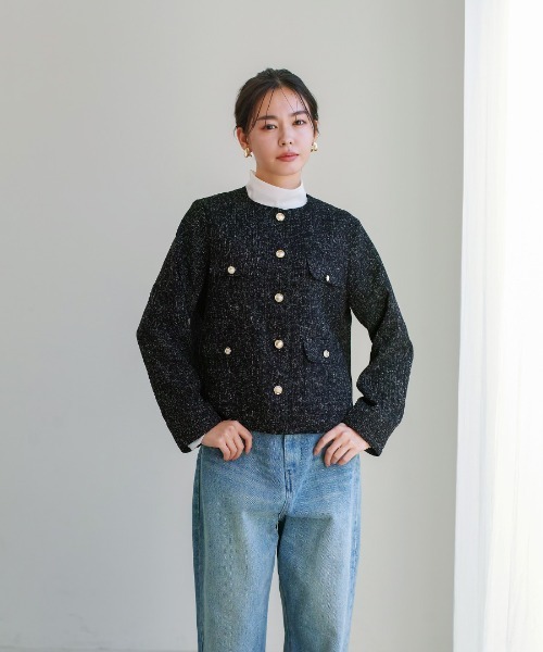 White Collection(ホワイトコレクション)の「【 きちんと華やぐ 】 ミックスカラーツイード・ノーカラージャケット(ノーカラージャケット・レディース・ブラック/グレー/ホワイト・M)」の15枚目の写真