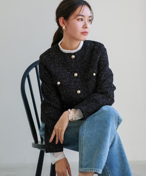 White Collection(ホワイトコレクション)の「【 きちんと華やぐ 】 ミックスカラーツイード・ノーカラージャケット(ノーカラージャケット・レディース・ブラック/グレー/ホワイト・M)」の17枚目の写真