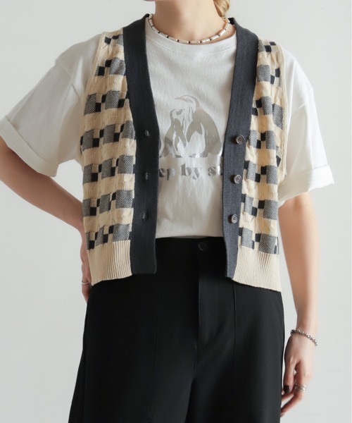 NOMBRE IMPAIR(ノンブルアンペール)の「綿麻ブロックジャガード ニットジレ(ベスト・レディース・オレンジ/チャコールグレー・FREE)」の2枚目の写真