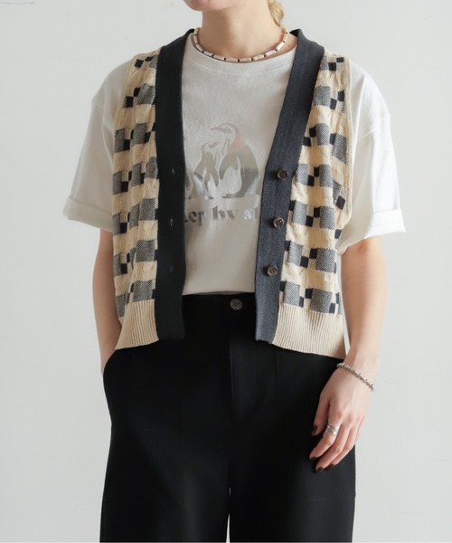 NOMBRE IMPAIR(ノンブルアンペール)の「綿麻ブロックジャガード ニットジレ(ベスト・レディース・オレンジ/チャコールグレー・FREE)」の6枚目の写真