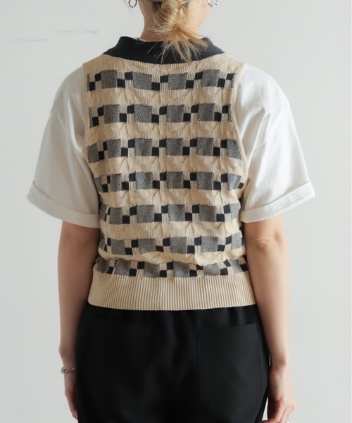 多分未使用 綿麻ブロックジャガード ニットジレ | NOMBRE IMPAIR