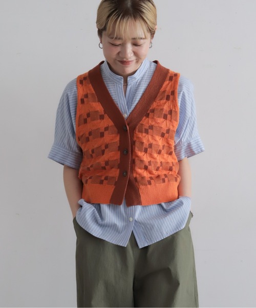NOMBRE IMPAIR(ノンブルアンペール)の「綿麻ブロックジャガード ニットジレ(ベスト・レディース・オレンジ/チャコールグレー・FREE)」の12枚目の写真