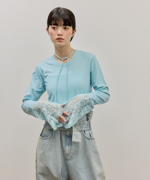 ADAM ET ROPE'（アダムエロペ）の「レースカフストップス（Tシャツ/カットソー・レディース・ホワイト/サックスブルー・FREE）」の5枚目の写真