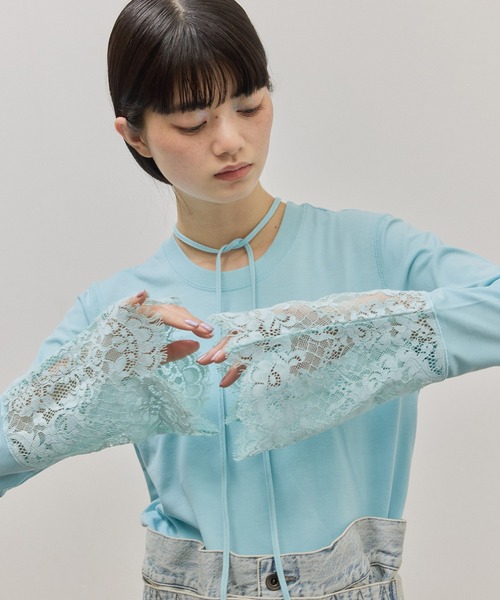 ADAM ET ROPE'（アダムエロペ）の「レースカフストップス（Tシャツ/カットソー・レディース・ホワイト/サックスブルー・FREE）」の6枚目の写真